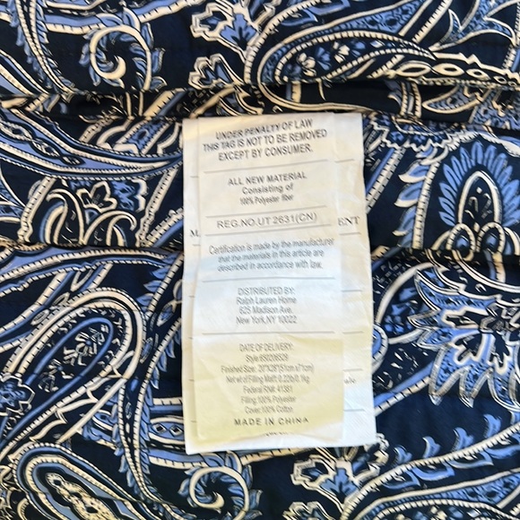 New Ralph Lauren paisley quilt pillow case . Standard. Blue - Picture 4 of 5
